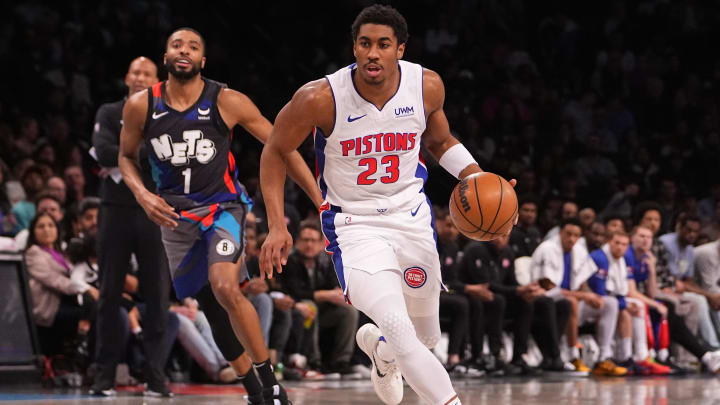 Apr 6, 2024; Brooklyn, New York, USA;  Detroit Pistons point guard Jaden Ivey (23) dribbles the ball down the lane against the Brooklyn Nets during the first half at Barclays Center. Mandatory Credit: Gregory Fisher-USA TODAY Sports