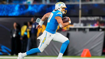 Los Angeles Chargers quarterback Justin Herbert (10) breaks away on a QB sneak in the second quarter of the NFL Week 11 game between the Los Angeles Chargers and the Cincinnati Bengals at SoFi Stadium in Inglewood, Calif., on Sunday, Nov. 17, 2024. The Chargers led 24-6 at halftime.