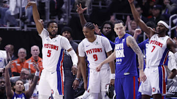 Detroit Pistons guard Malik Beasley (5) celebrates a three-point basket in the first half against the New York Knicks at Little Caesars Arena.