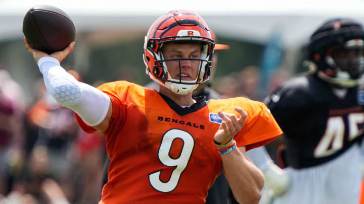 Bengals Joe Burrow winds up for a pass during their training camp on Tuesday July 30, 2024.