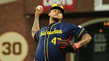 Sep 12, 2024; San Francisco, California, USA; Milwaukee Brewers starting pitcher Frankie Montas (47) pitches the ball against the San Francisco Giants during the sixth inning at Oracle Park. Mandatory Credit: Kelley L Cox-Imagn Images