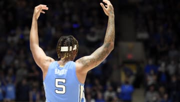 Mar 5, 2022; Durham, North Carolina, USA; UNC basketball star Armando Bacot celebrates against the Duke basketball team in Cameron Indoor Stadium