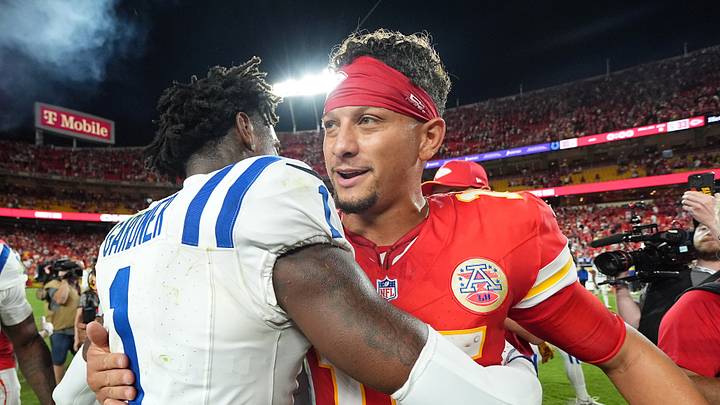 Indianapolis Colts cornerback Sauce Gardner (1) and Kansas City Chiefs quarterback Patrick Mahomes (15) postgame.