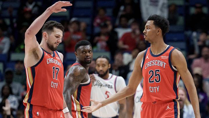 Mar 19, 2026; New Orleans, Louisiana, USA; New Orleans Pelicans forward Trey Murphy III (25) celebrates a three point basket during the fourth quarter with New Orleans Pelicans forward Karlo Matkovic (17) against the LA Clippers at Smoothie King Center. Mandatory Credit: Matthew Hinton-Imagn Images
