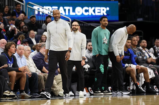 Orlando Magic head coach Jamahl Mosley reacts after a technical foul against the Miami Heat