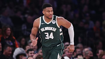 Dec 25, 2023; New York, New York, USA; Milwaukee Bucks forward Giannis Antetokounmpo (34) runs up court after a basket during the first quarter against the New York Knicks at Madison Square Garden. Mandatory Credit: Vincent Carchietta-Imagn Images