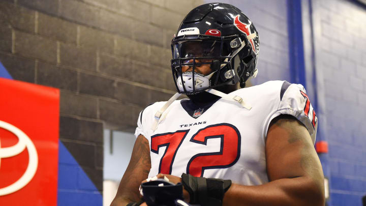 Oct 3, 2021; Orchard Park, New York, USA; Houston Texans offensive tackle Geron Christian (72) walks to the field prior to the game against the Buffalo Bills at Highmark Stadium. Mandatory Credit: Rich Barnes-USA TODAY Sports