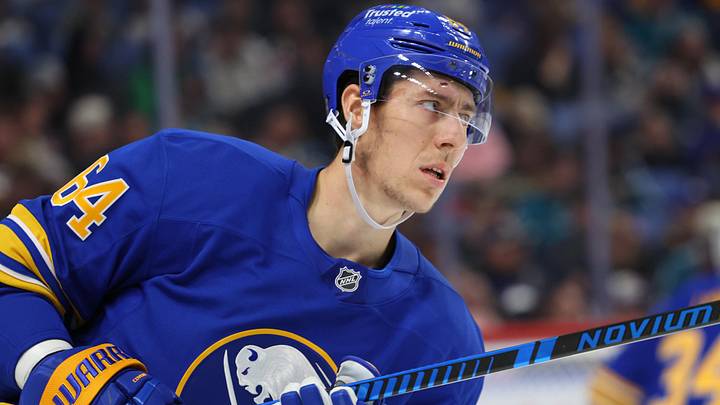 Mar 10, 2026; Buffalo, New York, USA;  Buffalo Sabres defenseman Logan Stanley (64) before the start of the third period against the San Jose Sharks at KeyBank Center. Mandatory Credit: Timothy T. Ludwig-Imagn Images