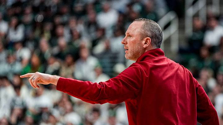 Indiana head coach Darian Devries reacts to a play against Michigan State during the first half at Breslin Center in East Lansing on Tuesday, Jan. 13, 2026.