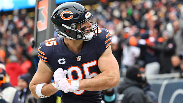 Chicago Bears tight end Cole Kmet (85) reacts after making a touchdown catch against the Detroit Lions