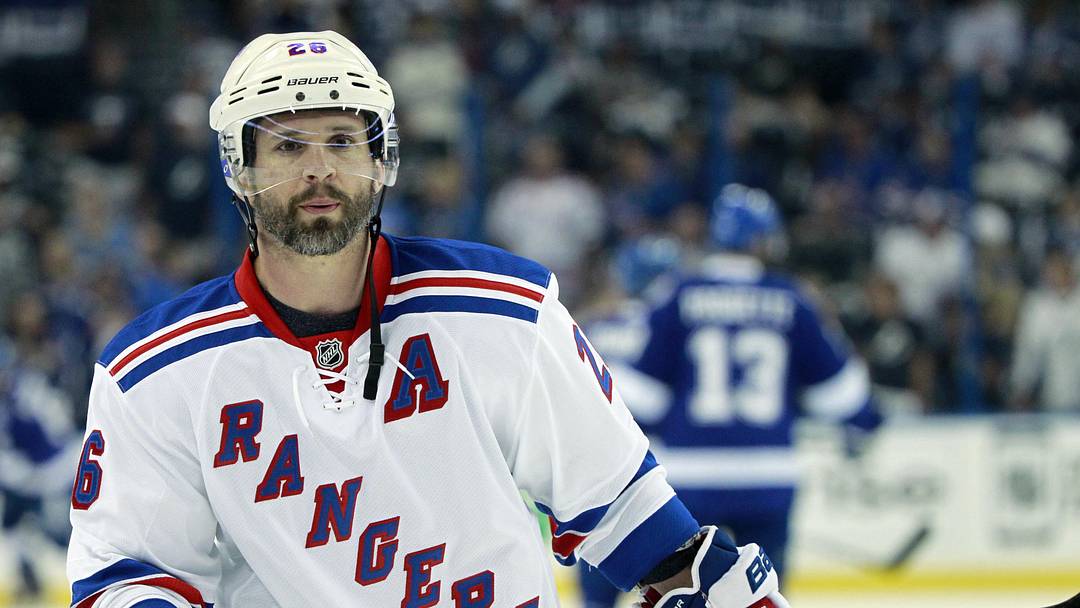 May 22, 2015; Tampa, FL, USA; New York Rangers right wing Martin St. Louis (26) before game four of the Eastern Conference Final of the 2015 Stanley Cup Playoffs against the Tampa Bay Lightning at Amalie Arena. Mandatory Credit: Kim Klement-Imagn Images