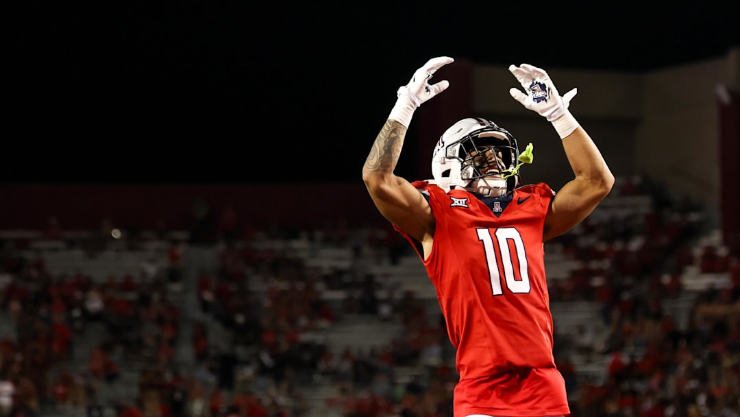 Sep 7, 2024; Tucson, Arizona, USA; Arizona Wildcats defensive back Gavin Hunter (10) hypes up crowd after  kickoff against Northern Arizona Lumberjacks during fourth quarter at Arizona Stadium. 