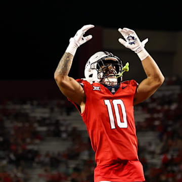 Sep 7, 2024; Tucson, Arizona, USA; Arizona Wildcats defensive back Gavin Hunter (10) hypes up crowd after  kickoff against Northern Arizona Lumberjacks during fourth quarter at Arizona Stadium. 