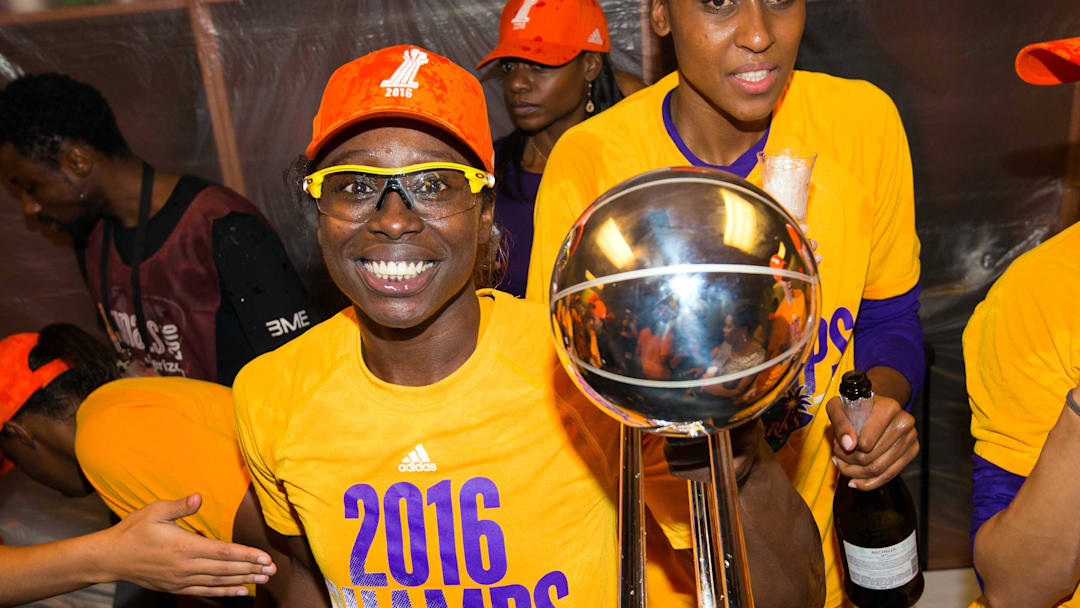 Oct 20, 2016; Minneapolis, MN, USA; Los Angeles Sparks forward Essence Carson (17) celebrates with the WNBA Championship trophy after game five of the WNBA Finals. at Target Center. The Los Angeles Sparks beat the Minnesota Lynx 77-76. Mandatory Credit: Brad Rempel-Imagn Images