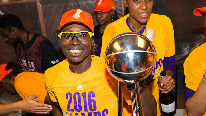 Oct 20, 2016; Minneapolis, MN, USA; Los Angeles Sparks forward Essence Carson (17) celebrates with the WNBA Championship trophy after game five of the WNBA Finals. at Target Center. The Los Angeles Sparks beat the Minnesota Lynx 77-76. Mandatory Credit: Brad Rempel-Imagn Images Oct 20, 2016; Minneapolis, MN, USA; Los Angeles Sparks forward Essence Carson (17) celebrates with the WNBA Championship trophy after game five of the WNBA Finals. at Target Center. The Los Angeles Sparks beat the Minnesota Lynx 77-76. Mandatory Credit: Brad Rempel-Imagn Images