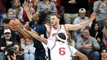 Penn State Nittany Lions guard Kayden Mingo goes up for a shot against the Indiana Hoosiers at Assembly Hall. 