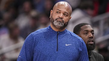 Jan 22, 2025; Atlanta, Georgia, USA; Detroit Pistons head coach J.B. Bickerstaff reacts on the sideline during the game against the Atlanta Hawks during the second half at State Farm Arena. Mandatory Credit: Dale Zanine-Imagn Images