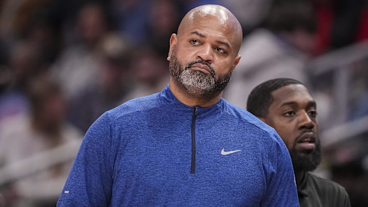Jan 22, 2025; Atlanta, Georgia, USA; Detroit Pistons head coach J.B. Bickerstaff reacts on the sideline during the game against the Atlanta Hawks during the second half at State Farm Arena. Mandatory Credit: Dale Zanine-Imagn Images