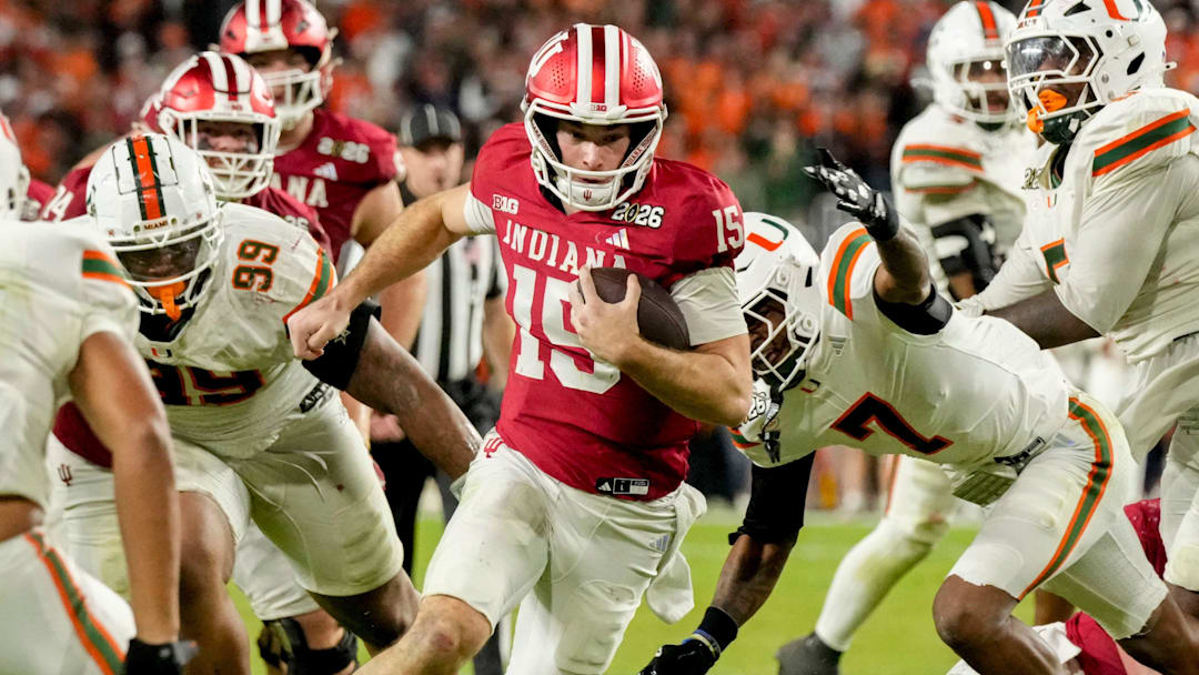 Quarterback Fernando Mendoza runs 12 yards for Indiana's final touchdown against Miami in the CFP championship game in January. Neither team was higher than 10th in Husker Dan's sampling of preseason national rankings.