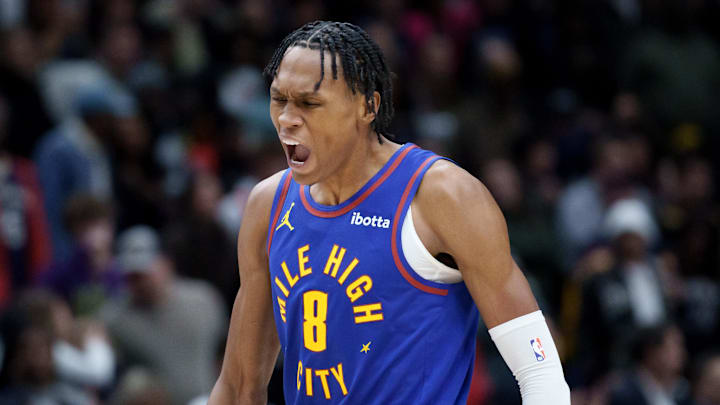 Jan 13, 2026; New Orleans, Louisiana, USA; Denver Nuggets guard Peyton Watson (8) reacts to making a basket against the New Orleans Pelicans during the fourth quarter at Smoothie King Center. Mandatory Credit: Matthew Hinton-Imagn Images
