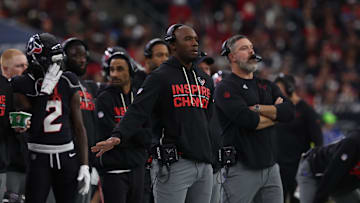 Dec 14, 2025; Houston, Texas, USA; Houston Texans head coach Demeco Ryans stands on the sidelines during the first quarter against the Arizona Cardinals at NRG Stadium. Mandatory Credit: Thomas Shea-Imagn Images