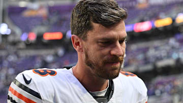 Nov 16, 2025; Minneapolis, Minnesota, USA; Chicago Bears kicker Cairo Santos (8) reacts after kicking a game-winning field goal against the Minnesota Vikings at U.S. Bank Stadium.