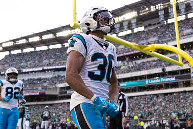 Carolina Panthers running back Chuba Hubbard reacts after his touchdown run against the Philadelphia Eagles 
