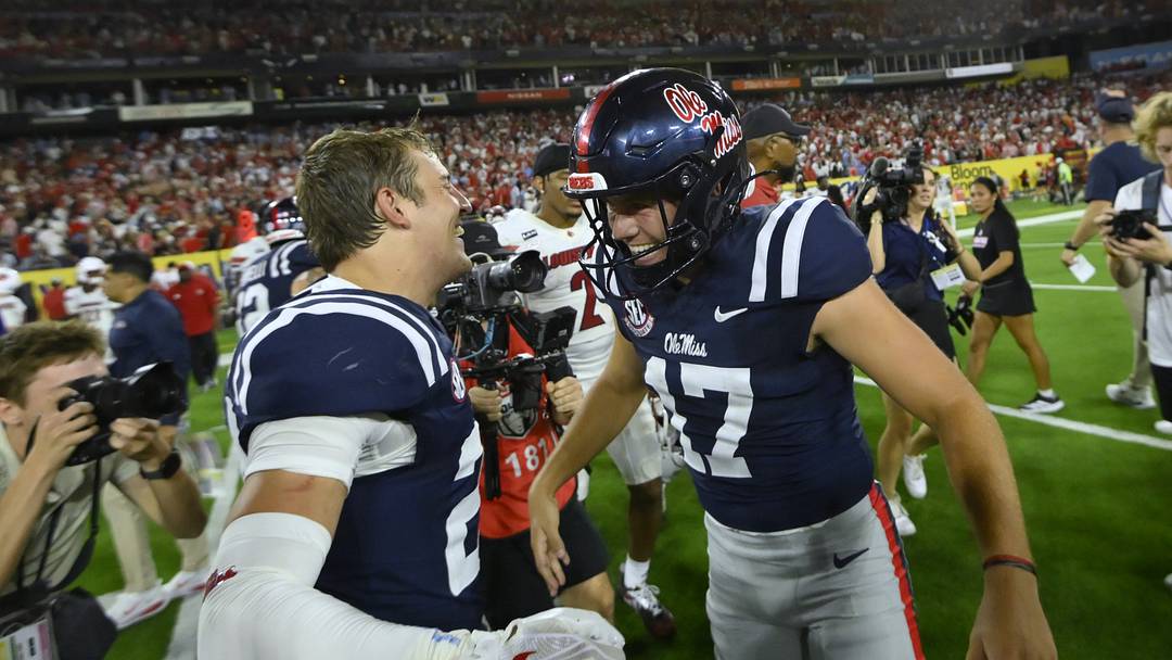 Mississippi Rebels kicker Lucas Carneiro celebrates with safety Andy Jaffe after kicking the game winning field goal Mississippi Rebels kicker Lucas Carneiro celebrates with safety Andy Jaffe after kicking the game winning field goal