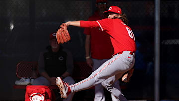 Cincinnati Reds non-roster invitee pitcher Rhett Lowder (81) throws in the bullpen during spring training workouts, Friday, Feb. 16, 2024, at the team   s spring training facility in Goodyear, Ariz.