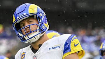 Dec 10, 2023; Baltimore, Maryland, USA;  Los Angeles Rams quarterback Matthew Stafford (9) looks ontotn her field before the game against the Baltimore Ravens ]at M&T Bank Stadium. Mandatory Credit: Tommy Gilligan-Imagn Images