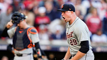 Detroit Tigers pitcher Tarik Skubal (29) reacts after pitching the fifth inning of Game 2 of ALDS against Cleveland Guardians at Progressive Field in Cleveland, Ohio on Monday, Oct. 7, 2024.