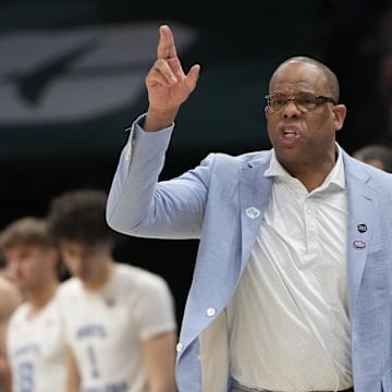 March 23, 2024, Charlotte, NC, USA; North Carolina Tar Heels head coach Hubert Davis reacts against the Michigan State Spartans in the second round of the 2024 NCAA Tournament at the Spectrum Center. Mandatory Credit: Bob Donnan-Imagn Images