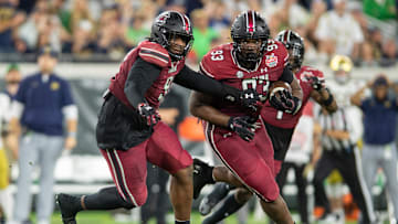 South Carolina football defensive tackle Nick Barrett after an interception in the Gator Bowl against Notre Dame after the 2022 season