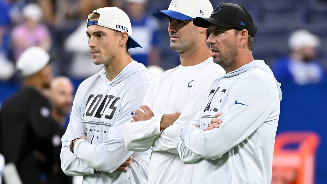 Aug 22, 2026; Indianapolis, Indiana, USA; Indianapolis Colts wide receiver Alec Pierce (14), Indianapolis Colts quarterback Daniel Jones (17) and Indianapolis Colts head coach Shane Steichen are seen prior to the game against the Atlanta Falcons at Lucas Oil Stadium. Mandatory Credit: Robert Goddin-Imagn Images