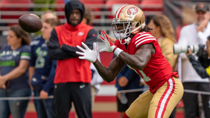 September 18, 2022; Santa Clara, California, USA; San Francisco 49ers wide receiver Brandon Aiyuk (11) before the game against the Seattle Seahawks at Levi's Stadium. Mandatory Credit: Kyle Terada-USA TODAY Sports