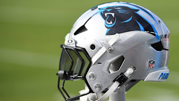Dec 8, 2024; Philadelphia, Pennsylvania, USA; Carolina Panthers helmet rests on the bench against the Philadelphia Eagles at Lincoln Financial Field. 