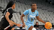 Mar 6, 2023; Fort Worth, TX, USA; Tulane Green Wave guard Kyren Whittington (0) controls the ball against Cincinnati Bearcats guard Mya Jackson (23) during the first half at Dickies Arena.