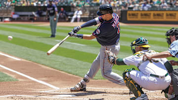 Jul 30, 2017; Oakland, CA, USA; Minnesota Twins first baseman Joe Mauer (7) hits a double during the