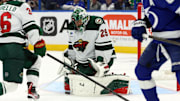 Oct 24, 2024; Tampa, Florida, USA; Minnesota Wild goaltender Marc-Andre Fleury (29) makes a save against the Tampa Bay Lightning during the first period at Amalie Arena. Mandatory Credit: Kim Klement Neitzel-Imagn Images