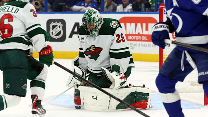 Oct 24, 2024; Tampa, Florida, USA; Minnesota Wild goaltender Marc-Andre Fleury (29) makes a save against the Tampa Bay Lightning during the first period at Amalie Arena. Mandatory Credit: Kim Klement Neitzel-Imagn Images