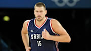 Aug 10, 2024; Paris, France; Serbia power forward Nikola Jokic (15) runs up the court against Germany in the men's basketball bronze medal game during the Paris 2024 Olympic Summer Games at Accor Arena. Mandatory Credit: Kyle Terada-Imagn Images