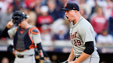 Detroit Tigers pitcher Tarik Skubal (29) reacts after pitching the fifth inning of Game 2 of the 2024 ALDS.