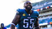 Oct 27, 2024; Cincinnati, Ohio, USA; Philadelphia Eagles defensive end Brandon Graham (55) walks off the field after the victory over the Cincinnati Bengals at Paycor Stadium. Mandatory Credit: Katie Stratman-Imagn Images