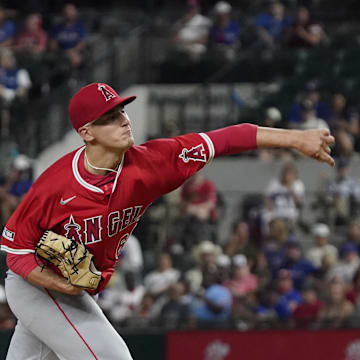 Sep 6, 2024; Arlington, Texas, USA; Los Angeles Angels pitcher Samuel Aldegheri (66) throws to the plate during the first inning against the Texas Rangers at Globe Life Field. 