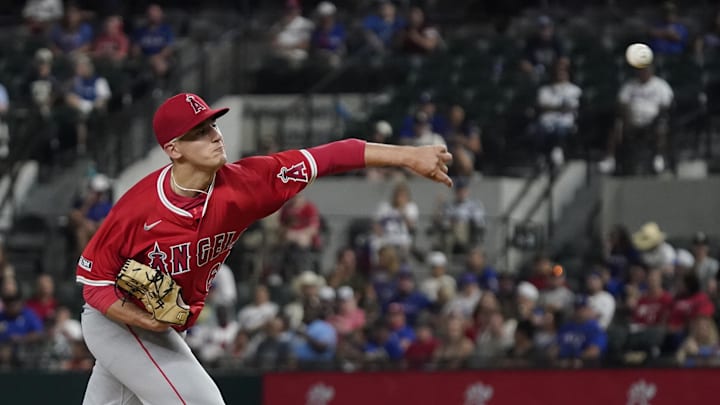 Sep 6, 2024; Arlington, Texas, USA; Los Angeles Angels pitcher Samuel Aldegheri (66) throws to the plate during the first inning against the Texas Rangers at Globe Life Field. 