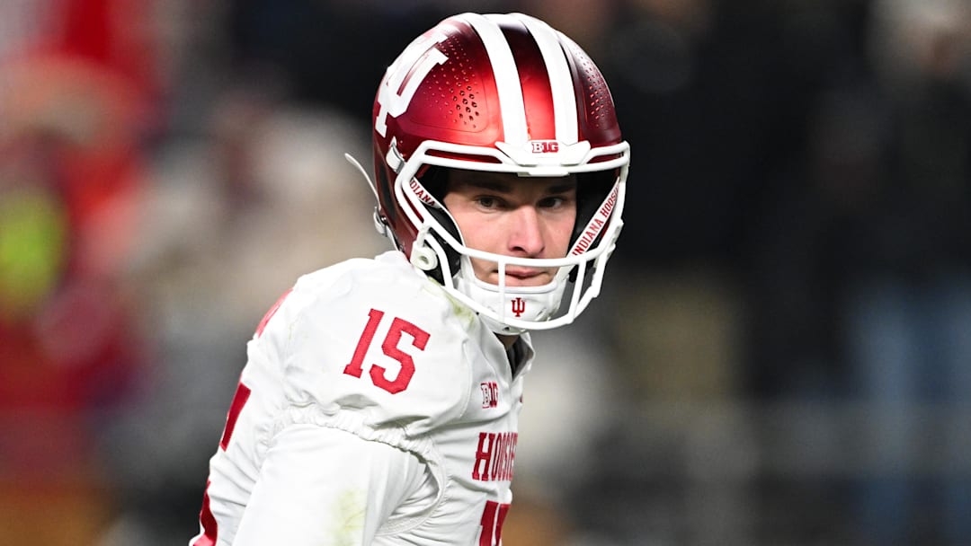 Nov 28, 2025; West Lafayette, Indiana, USA; Indiana Hoosiers quarterback Fernando Mendoza (15) looks on during the third quarter against the Purdue Boilermakers at Ross-Ade Stadium. Mandatory Credit: Marc Lebryk-Imagn Images