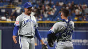 May 24, 2024; St. Petersburg, Florida, USA; Kansas City Royals pitcher Carlos Hernandez (43) and pitcher Carlos Hernandez (43) celebrate after they beat the Tampa Bay Rays at Tropicana Field.