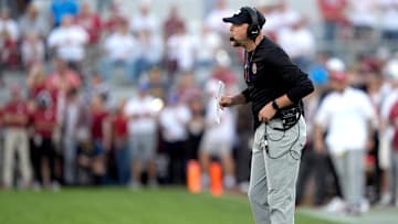 Oklahoma Offensive Coordinator / Quarterbacks coach Ben Ben Arbuckle is pictured in the first half of the college football game between the University of Oklahoma Sooner and the University of Michigan Wolverines at the Gaylord Family Ð Oklahoma Memorial Stadium in Norman, Okla., Saturday, Sept. 6, 2025.