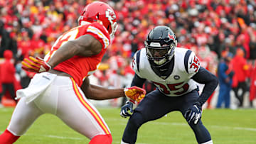 Jan 12, 2020; Kansas City, Missouri, USA; Houston Texans defensive back Keion Crossen (35) defends Kansas City Chiefs wide receiver Byron Pringle (13) during the first half in a AFC Divisional Round playoff football game at Arrowhead Stadium.