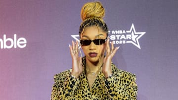 Angel Reese arrives on the Orange Carpet to start the 2025 WNBA All-Star weekend at Indiana Convention Center.